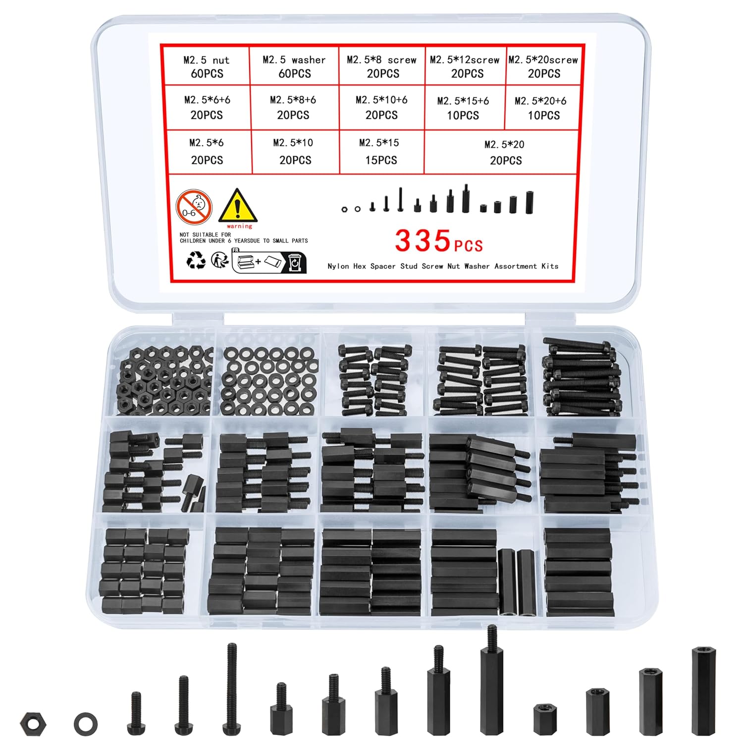 335 Stück M2,5 Nylon Schrauben Muttern Set, Schwarz Nylon Abstandshalter Schr...