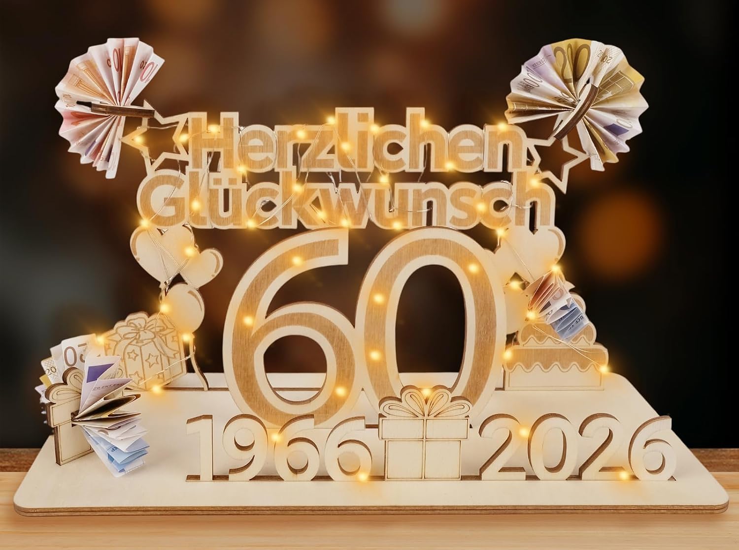 60 Geldgeschenke Geburtstag Frau Mann, 2026 Holz Schild Gästebuch mit LED Lic...