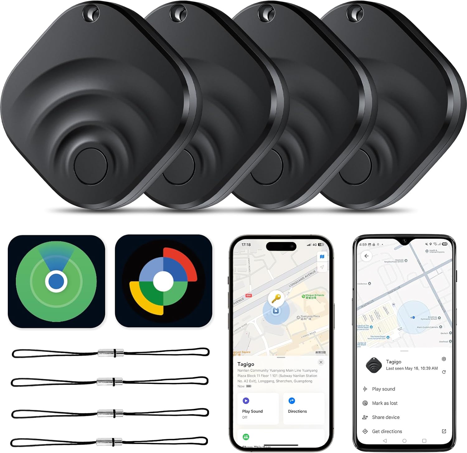 TIMU 4er Pack Dual-System GPS Tracker Android & iOS, Schlüsselfinder kompatib...